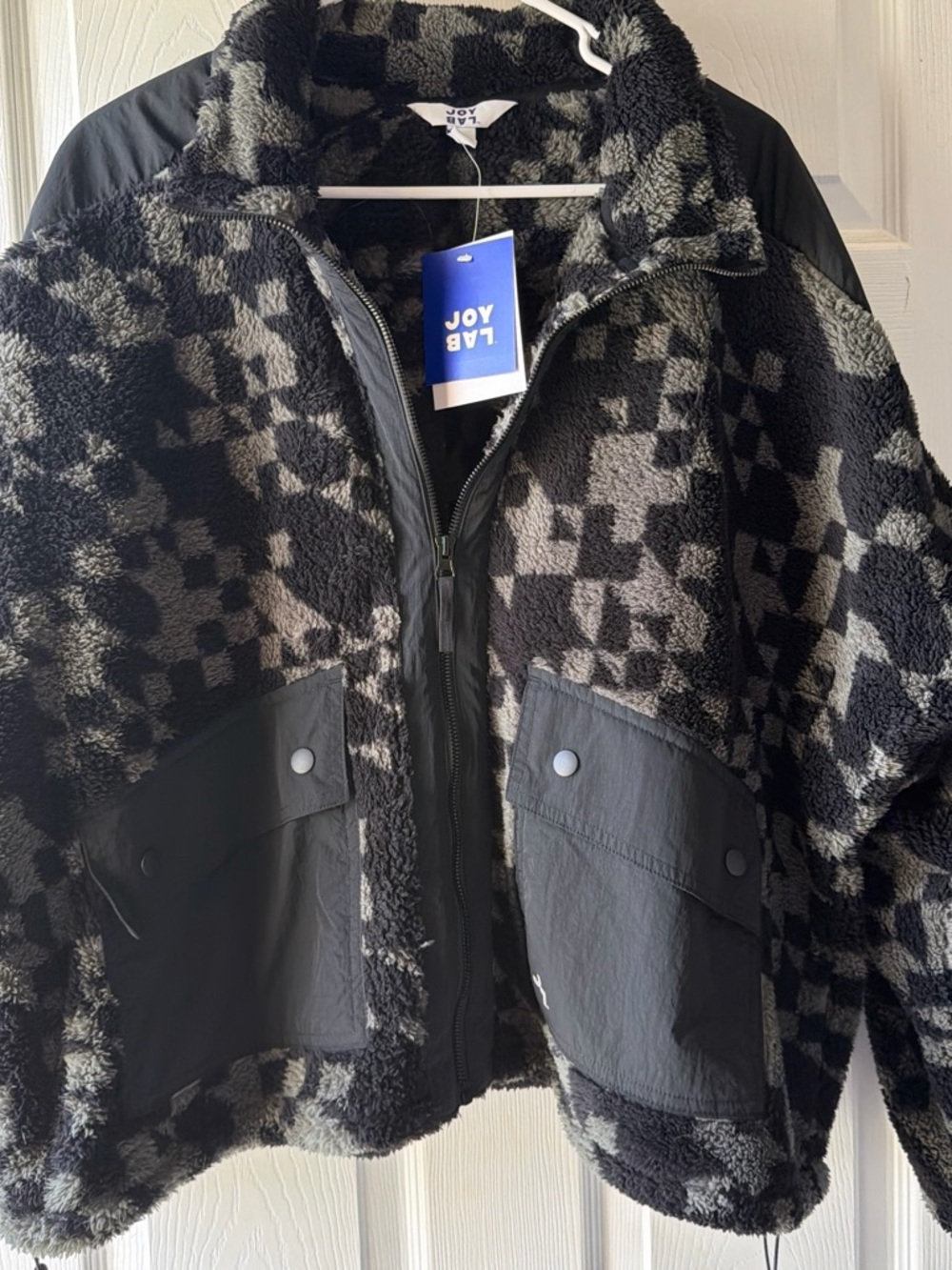 JoyLab Black & Gray Checkerboard Sherpa Zip Jacket